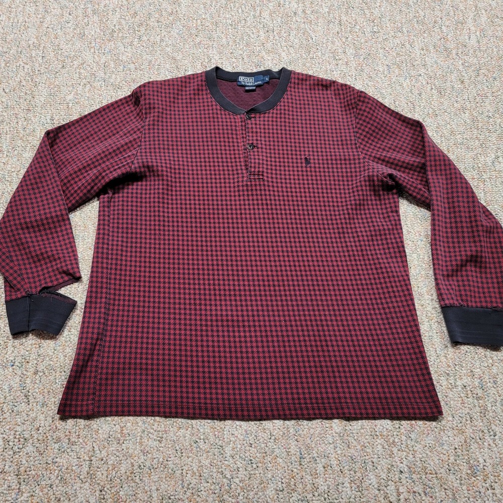 Polo Ralph‎ Lauren Henley Shirt Mens Large Red Black Houndstooth Long Sleeve VTG